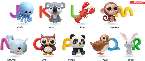Zoo alphabet part 2. Jellyfish, koala, lobster, monkey, narwhal, owl, panda, quail, rabbit - 721346007
