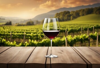 Empty wood table top with a glass of wine on blurred vineyard landscape background for display or mo