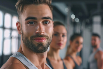 Fototapeta premium Handsome male gym personal trainer in front of colleagues