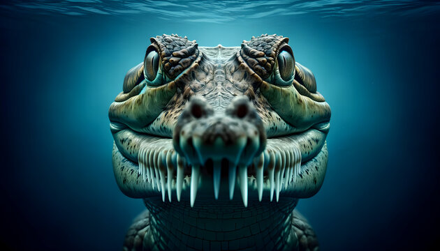 A close-up front view of a gharial on a water background