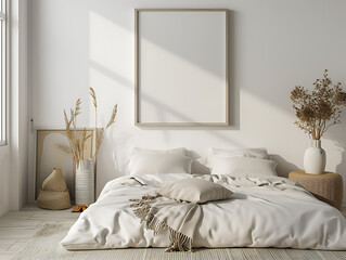 A blank painting canvas mockup in a minimalist aesthetic-themed bedroom. Bedroom with white mattress, exposed to the sunlight from outside. Created with Generative AI.