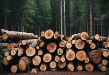 Forest pine and spruce trees Log trunks pile the logging timber wood industry Wide banner or panoram