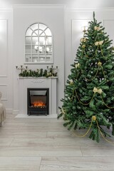 Fototapeta na wymiar Nordic, cozy living room interior with a Christmas tree, wite tones, coffee table, and sofa