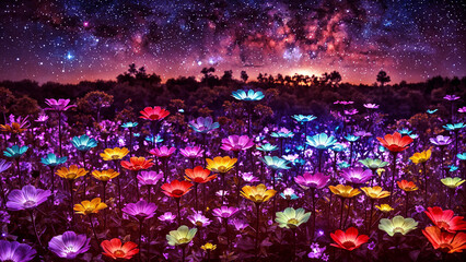 Fantastic flowers and plants under the night sky. AI