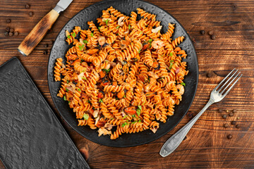 Pasta or macaroni with mussels and shrimp.