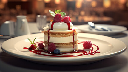 close up horizontal image a fancy dessert in a context of a fine dining restaurant Generative AI - obrazy, fototapety, plakaty