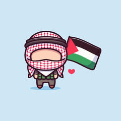 Palestinian wearing Keffiyeh pink scarf waving Palestine flag cute faceless vector illustration with love icon