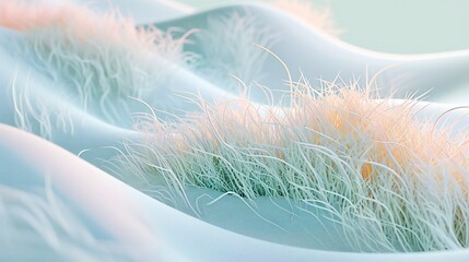 Close-up capturing wavy grass covered in snow, blending with fresh green and soothing peach hues.