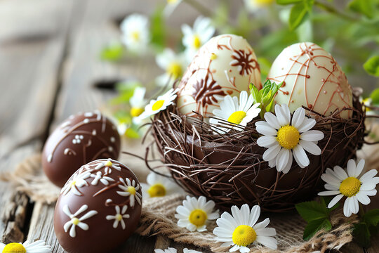 close up horizontal image of decorated chocolate Easter eggs and flowers Generative AI