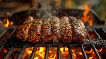An Argentine barbecue with appetizing roast meat. Grill full of meat golden and juicy in daylight on a barbecue. Concept of passion for meat and authentic cooking.