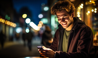 Young man enjoying his smartphone at night, illuminated by the warm glow of city lights, reflecting joy and modern urban connectivity - obrazy, fototapety, plakaty