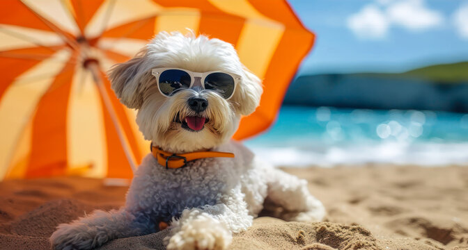 Adorable white fluffy dog lounging under an orange striped umbrella on a sandy beach, wearing sunglasses, epitomizing summer chill and vacation vibes
