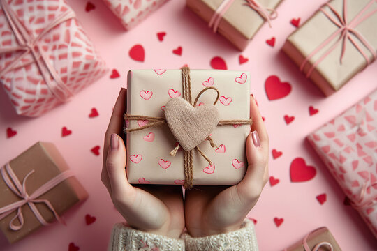 close up image of two female hands holding a present for Valentine's day Generative AI