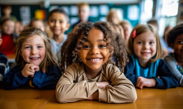 Diverse group of smiling children sitting at desk in classroom, reflecting inclusion and joy in a multicultural educational environment