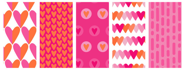 Collection of seamless patterns for Valentine's Day. Five cute prints set of love, poster, website, advertising, scrapbooking cover, banner design set. Modern art typography background. Love forever.
