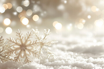 Fototapeta na wymiar White Bokeh background with transparent snowflake ornaments