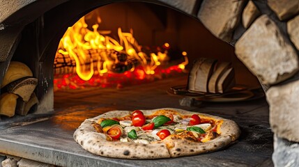 Naklejka na ściany i meble A classic Neapolitan pizza, beautifully charred from the deck oven, adorned with San Marzano tomatoes, buffalo mozzarella, and fresh basil.