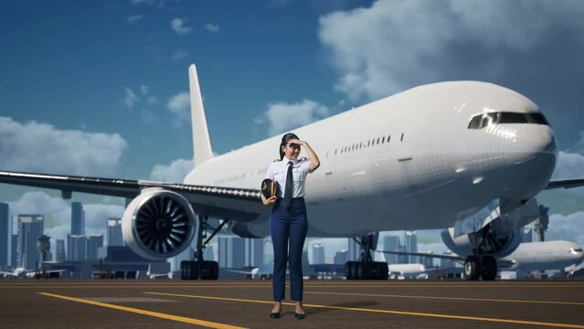 Full Body Of Asian Woman Pilot Having A Headache While Standing In Airfield With Airplane On Background
