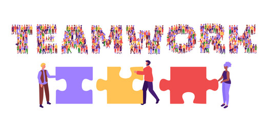 Team work. Collaborative spirit and problem-solving concept with TEAMWORK typography formed by people crowd standing together vector illustration