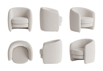 Set of six views of a contemporary elegant armchair with an ivory soft cover. Front view, top view, two sides, and two perspectives. 3d render