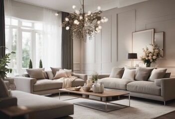 Modern living room design with sofa and furniture Blurred bright living room with sofa and flowers w