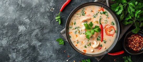 Thai coconut spicy soup: tom kha gai soup, top view, copy space. - obrazy, fototapety, plakaty