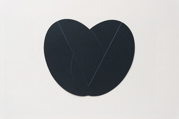 two black paper ovoid shapes with slits overlapping and centered on blank paper