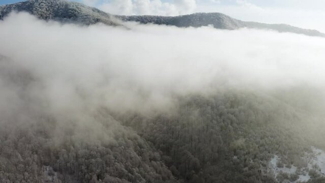 Severe frost at sunrise in the Carpathians, Transcarpathia, Ukraine. A drone flies over a mountain village, shrouded in picturesque forest and fog from river valleys