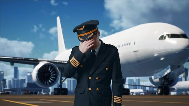 Asian Man Pilot Having A Headache While Standing In Airfield With Airplane On Background
