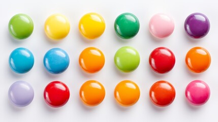 Candy Coated Chocolate An M&M’s Alternative. Skittles fruit flavored candy. Skittles candy isolated on white background texture. Horizontal banner format