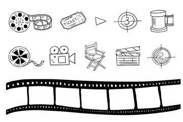 Set of film strips, cinema flapper, director's chair in doodle style. Movie time. Cinema film tape roll 35 mm, blank slide frames. Old retro film strip frame. Vector illustration EPS10. Hand drawn - obrazy, fototapety, plakaty
