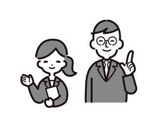 笑顔で指をさして案内するビジネスパーソン・白黒