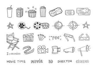 Set of film strips, popcorn, cinema flapper, director's chair, cinema tape, 3D glasses, cinema ticket in doodle style. Vector illustration. Hand drawn