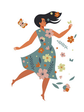 Happy woman in floral dress dancing in harmony with her mental health and isolated on white background for Women's Day spring cards. Vector.