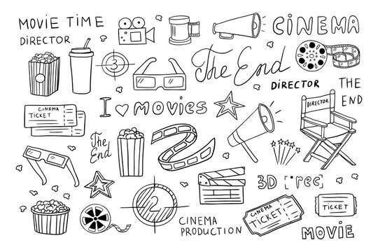 Big set of film strips, popcorn, cinema flapper, director's chair, cinema tape, 3D glasses, cinema ticket in doodle style. Vector illustration. Hand drawn