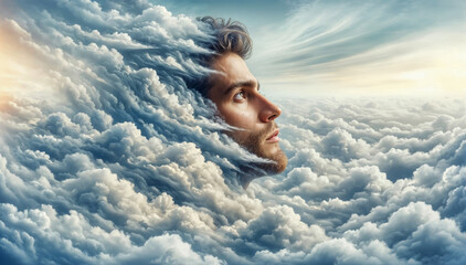 Head in the clouds. Man's face emerging from clouds, contemplative gaze, ethereal sky, concept of wonder and introspection. - obrazy, fototapety, plakaty