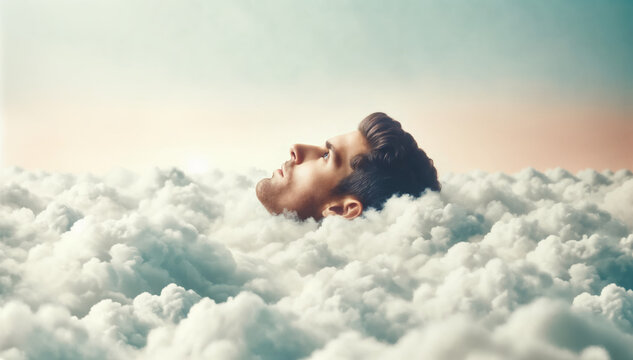 Head in the clouds. Man's face emerging from clouds, contemplative gaze, ethereal sky, concept of wonder and introspection.