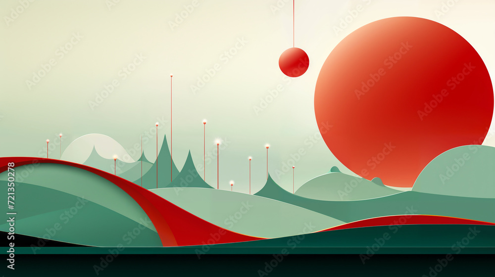 Poster abstract minimalist art of wavy red lines on green gradient background, conceptual negative space st