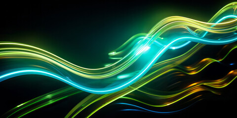 Dynamic neon light streams with a futuristic glow, intersecting in a display of vibrant blue and green energy lines against a dark background
