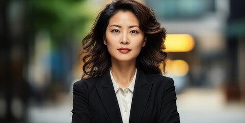Confident Asian businesswoman in a professional black suit with crossed arms, standing proudly in an urban setting with a blurred city background