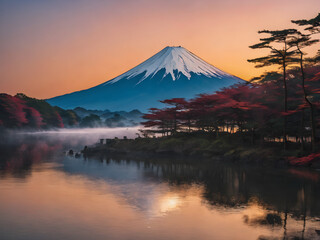 Fototapeta na wymiar Autumnal Sunset Over Mount Fuji Reflecting in a Calm Lake amid Snow-Capped Peaks and Cloudy Skies, Chile