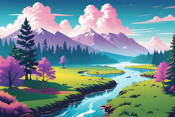 Premium landscape with river, cloud, sky background illustration. Ai generative