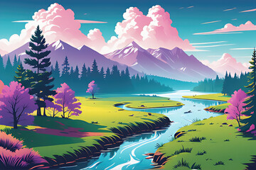 Fototapeta premium Premium landscape with river, cloud, sky background illustration. Ai generative