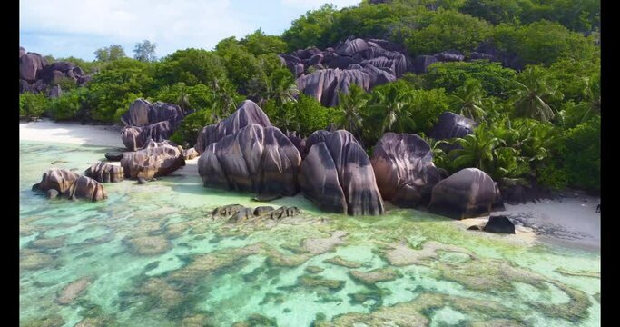 Aerial view of Anse Source d'Argent shoreline. La Digue island, Seychelles