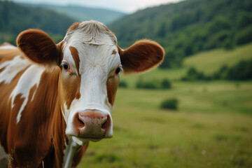 Close-up of Cow in Pastoral Landscape, Farm Animal Portrait