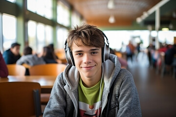 Fototapeta premium Generative AI picture of college student sitting in canteen cafe