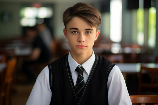 Generative AI photo of schoolchild eating tasty lunch at school canteen