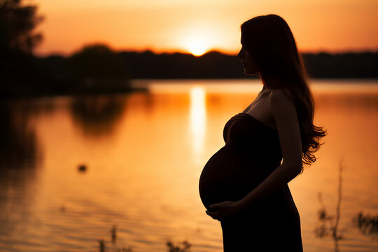 Generative ai image picture of adorable charming pregnant young woman mommy enjoy romantic sunset