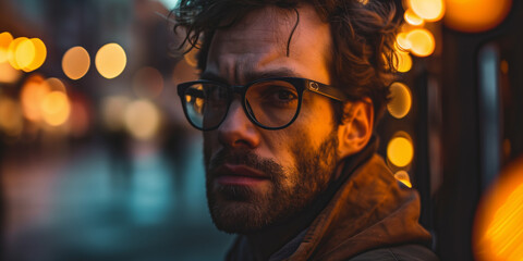Close-up of a pensive man with glasses, golden street lights creating a bokeh effect in the background