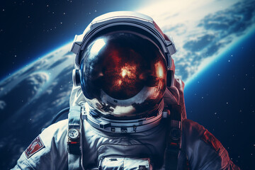 Mankind exploring the space using astronaut protective suit Generative AI closeup futurism